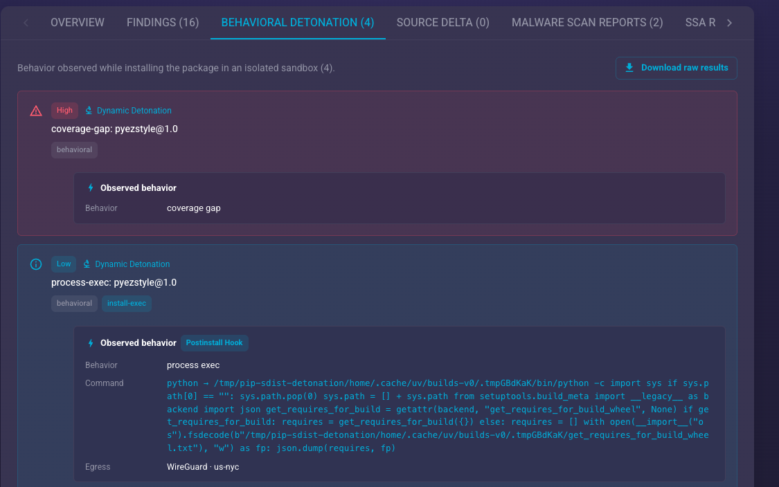 NeonScan behavioral detonation results for a malicious PyPI package