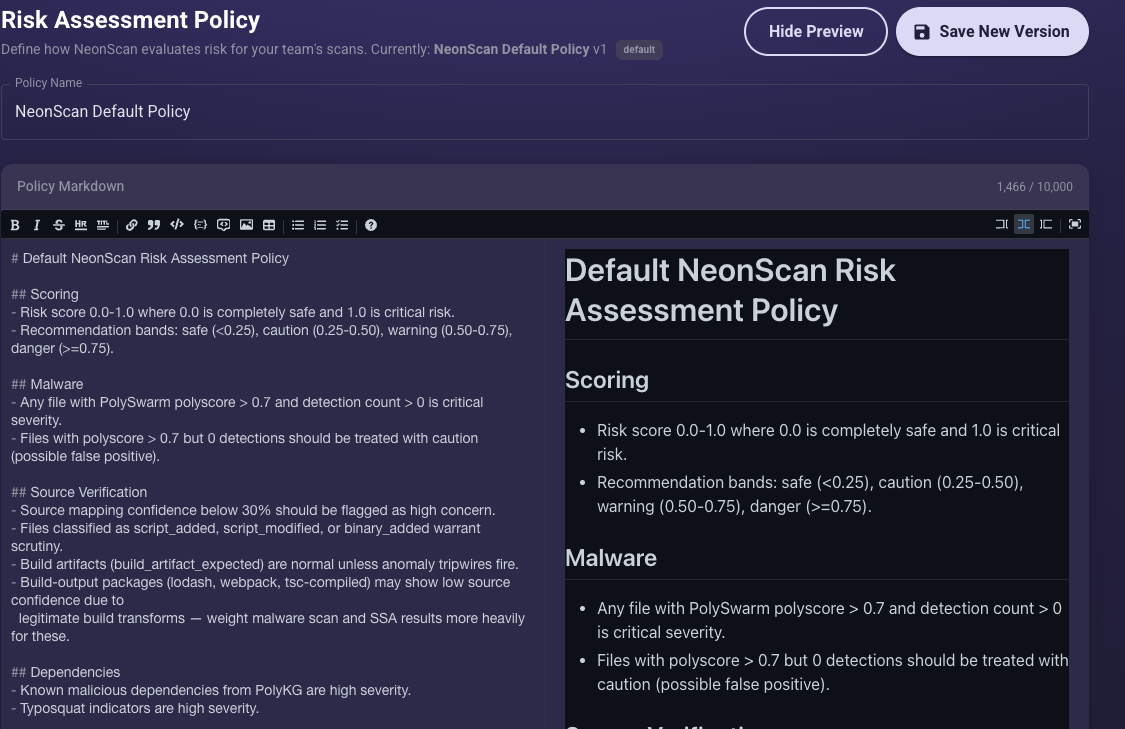 The NeonScan risk policy editor showing the default policy