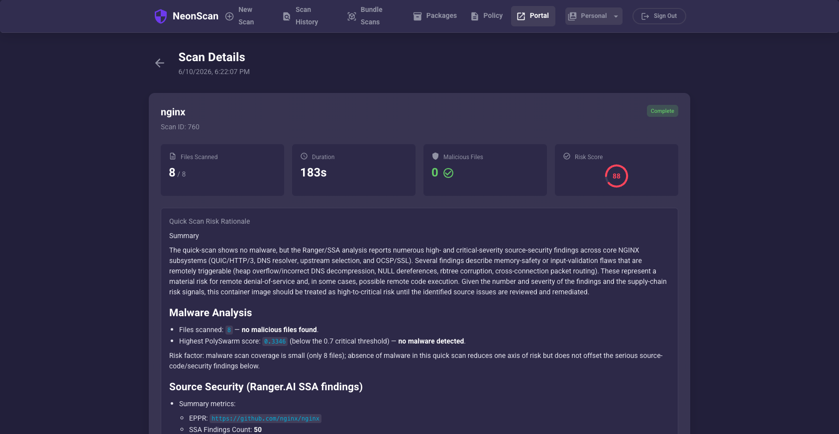 A container scan result with a risk score and findings