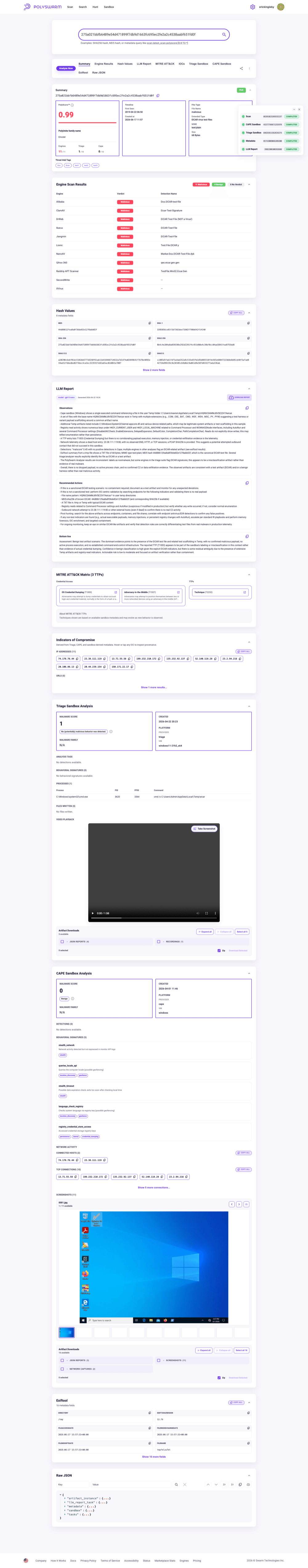 A PolySwarm scan result showing the threat score, engine verdicts, and sandbox analysis